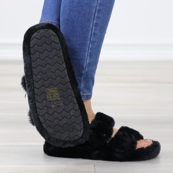 Black Puff Fuzzy Fluffy Slip On Plush Slippers Double Strap - Picture 4 of 16
